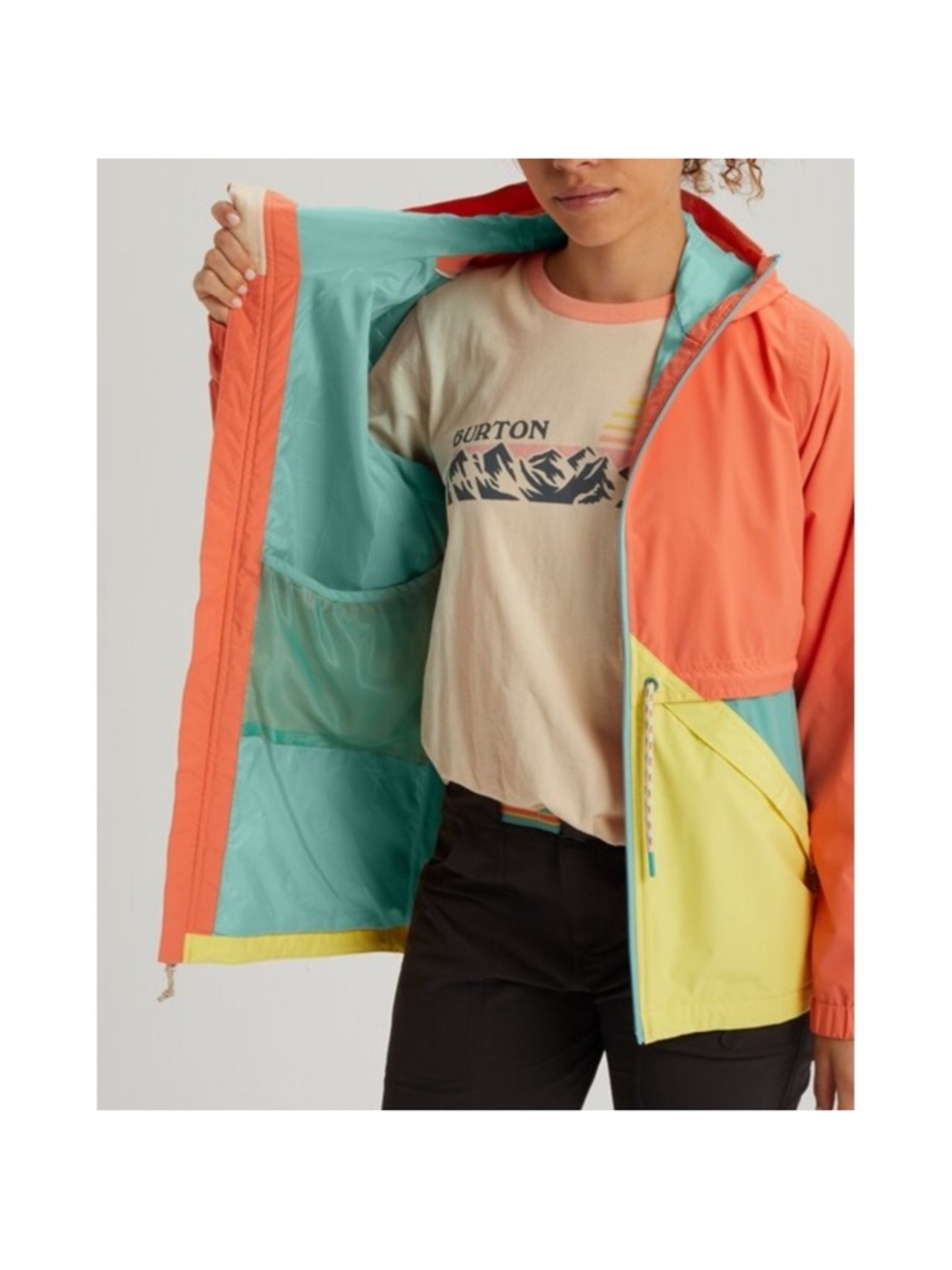 Burton Living Lining Colorblock Rain Jacket in Coral, Teal & Yellow - Picture 13 of 14
